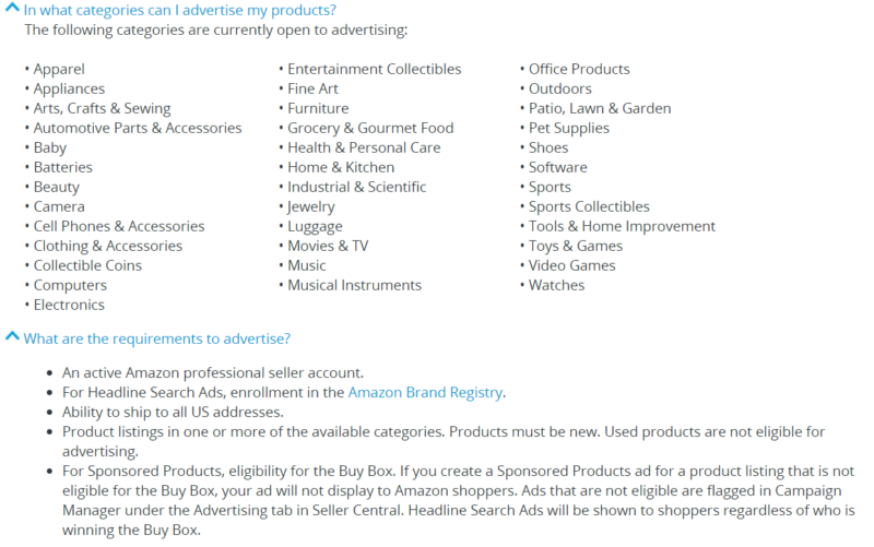 Amazon Sponsored Ad Categories